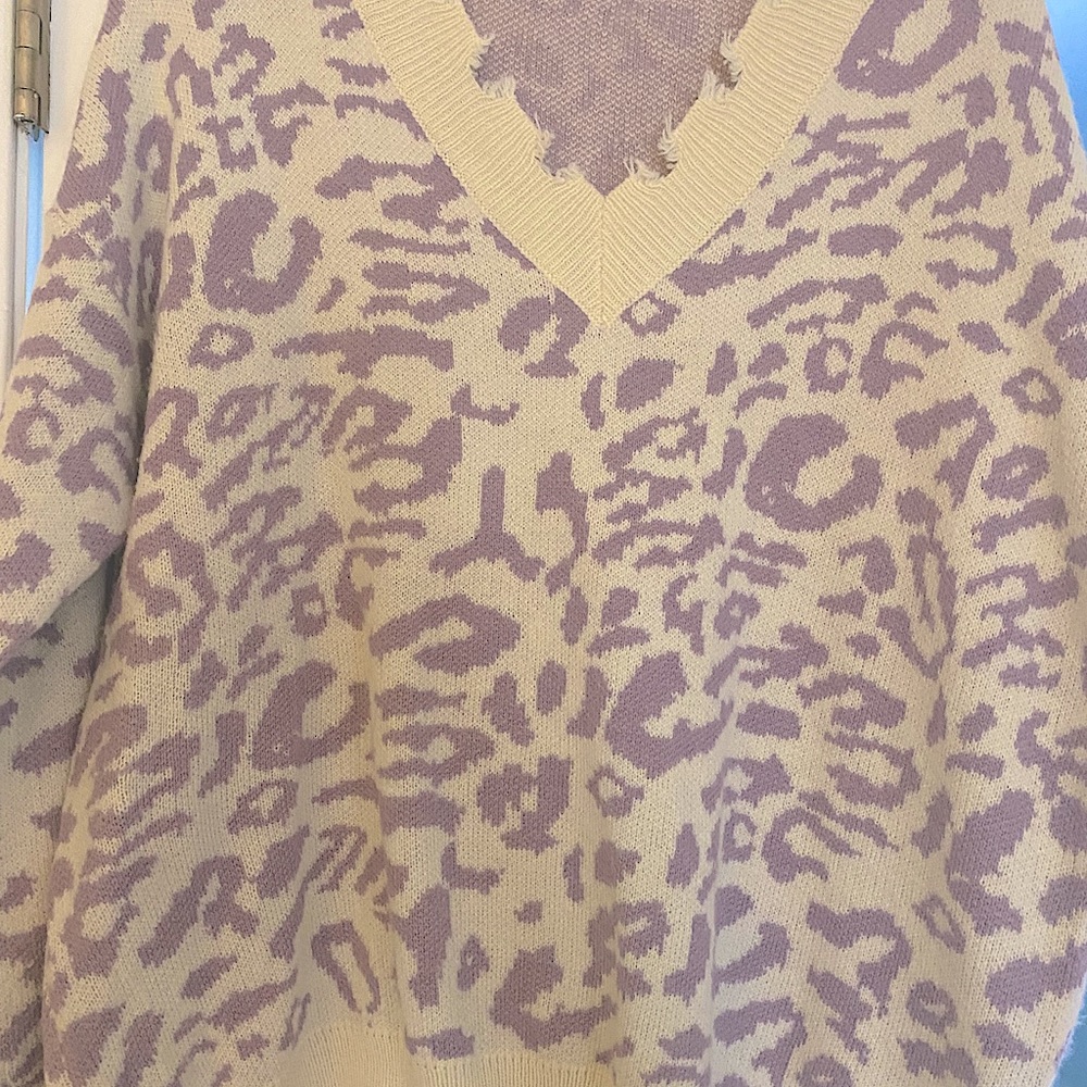 Purple Leopard Frayed Sweater